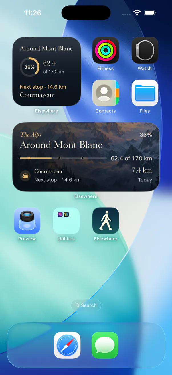 An iPhone Home Screen with Elsewhere’s small and medium widgets showing Around Mont Blanc.